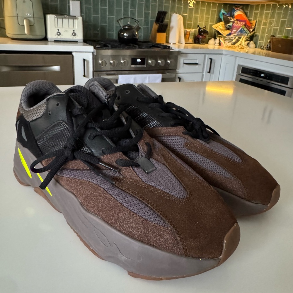 Brown and Gray Sneakers with Yellow Accent